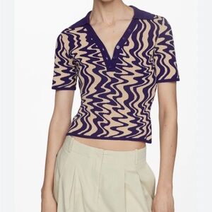 Mango Printed Knit Polo Top Medium Purple Cream Short Sleeve Sweater